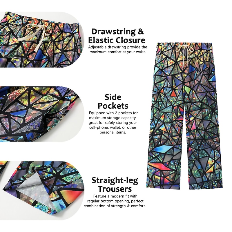 Men's Trousers Summer Pants Beach Pants Drawstring Elastic Waist 3D Print Color Block Graphic Prints Geometry Comfort Casual Daily Holiday Streetwear Hawaiian Light Green Red2