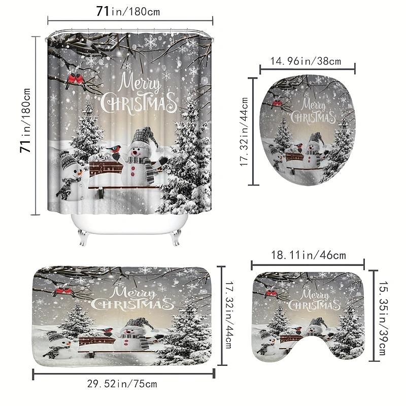 Christmas Snowman Shower Curtain, Waterproof Curtain Set With 12 Hooks, Xmas Bathroom Accessories, Christmas Decor4