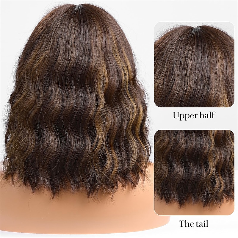 Brown Wig with Highlight Bob Wigs with Bangs Shoulder Length Wavy Wig Middle Part Hair Wig for Women Christmas Party Wigs4