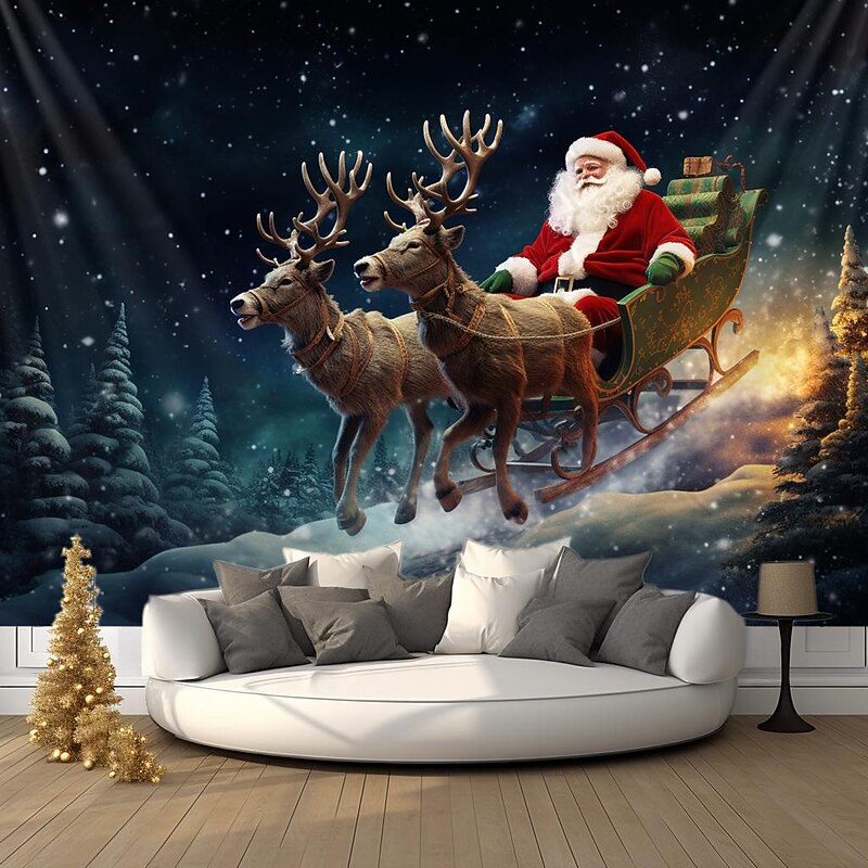Christmas Decorations Santa Reindeer Sled Hanging Tapestry Wall Art Xmas Large Tapestry Mural Decor Photograph Backdrop Blanket Curtain Home Bedroom Living Room Decoration