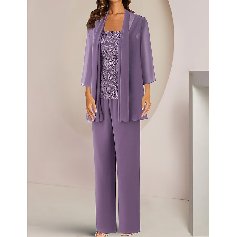 Pantsuit 3 Piece Mother of the Bride  Formal Wedding Guest Elegant Square Neck Ankle Length Chiffon Lace Half Sleeve with Appliques
