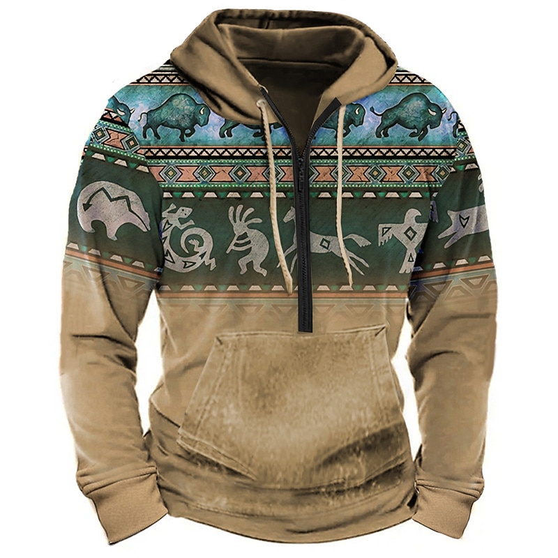 Men's Color Block Tribal Graphic Prints Hoodie Hoodies Sweatshirt Daily Ethnic Long Sleeve Half Zip Holiday Going out Streetwear Bronze Dark Green Print Spring &  Fall Designer3