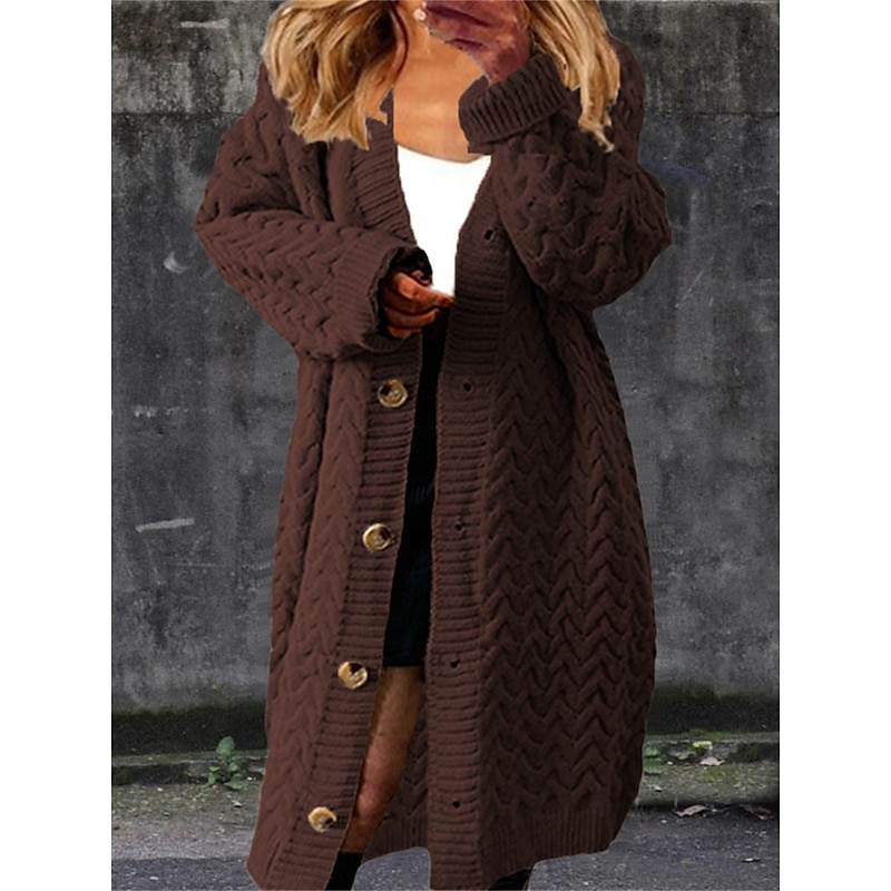 Women's Cardigan Fashion Casual Soft Solid Color Cable V Neck Buttons Knitted Long Sleeve Long Tops Knit Outdoor Daily Going out Black Yellow Fall Winter3