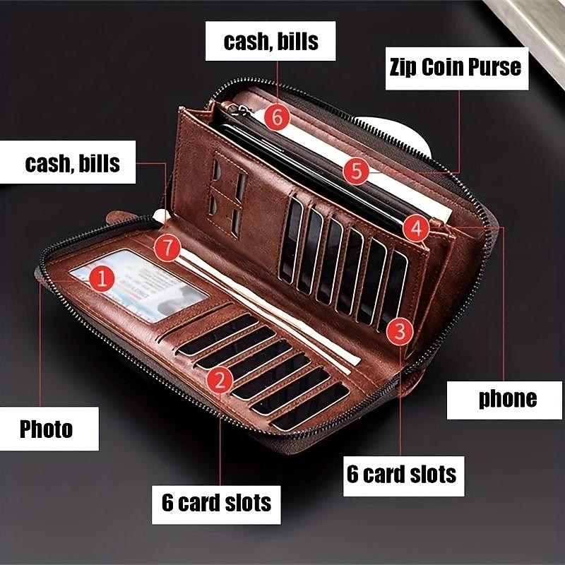 Men's Faux Leather Zipper Wallet with Multiple Card Slots & Wrist Strap - Slim & Stylish for Everyday Use4