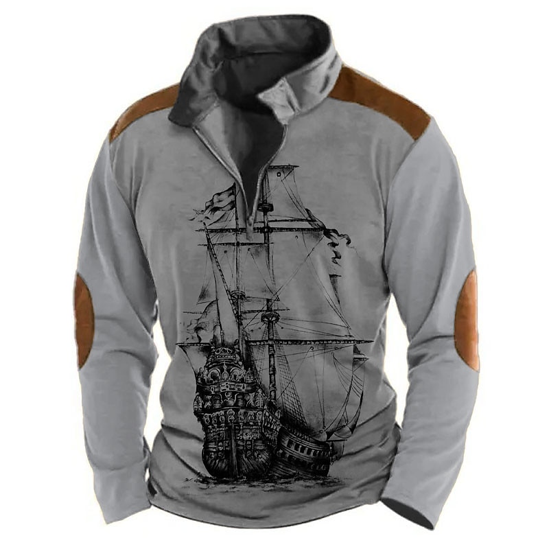 Men's Sailboat Zip Polo Long Sleeve Polo Shirts Turndown Zip Vintage Outdoor Casual Daily Streetwear 3D Print Fall & Winter Black Blue Brown2