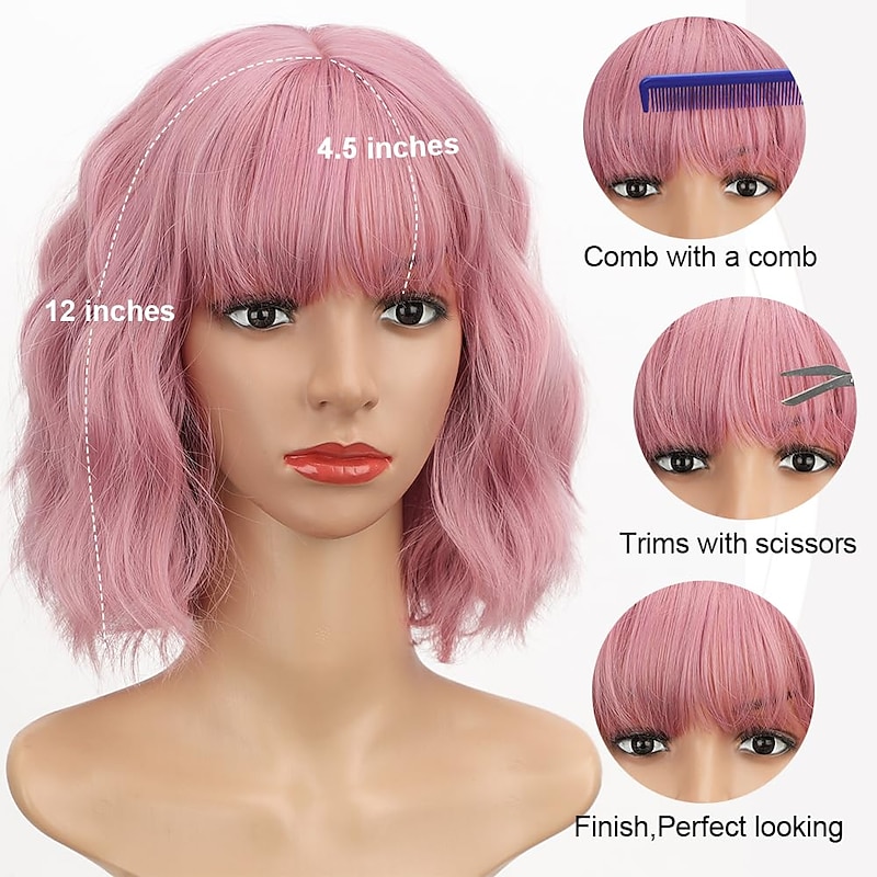 Pink Wig with Bangs Short Bob Wavy Pastel Pink Wigs for Women Curly Shoulder Length Bob Synthetic Natural Looking Wigs for Girls Daily Use2