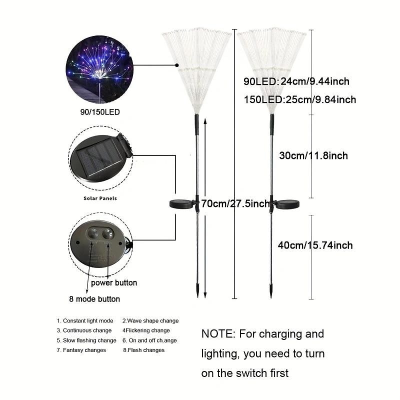 1 Pack solar powered 8-function Christmas decorative fireworks lamp, floor mounted lawn light, holiday wedding, Christmas Halloween outdoor waterproof decorative lamp 90/120/150/200Leds3