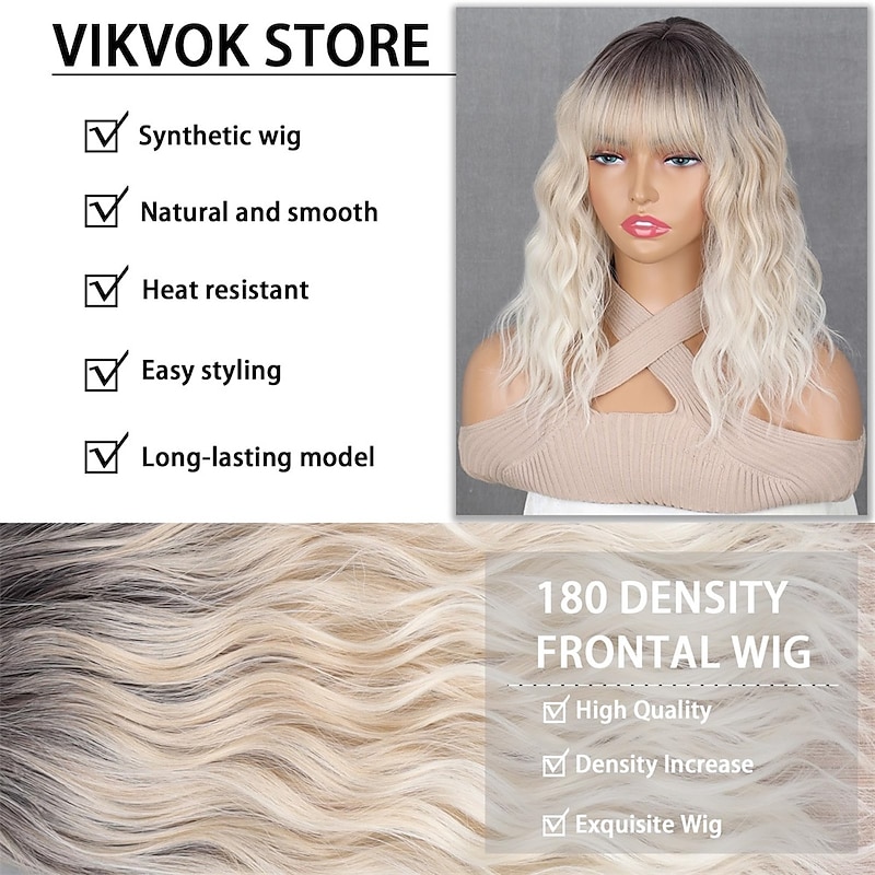 Short Platinum Blonde Wig for Women 14Inch Platinum Ombre Blonde Wig with Bangs Natural Synthetic Platinum Blonde Wavy Wig for Cosplay Halloween Daily2