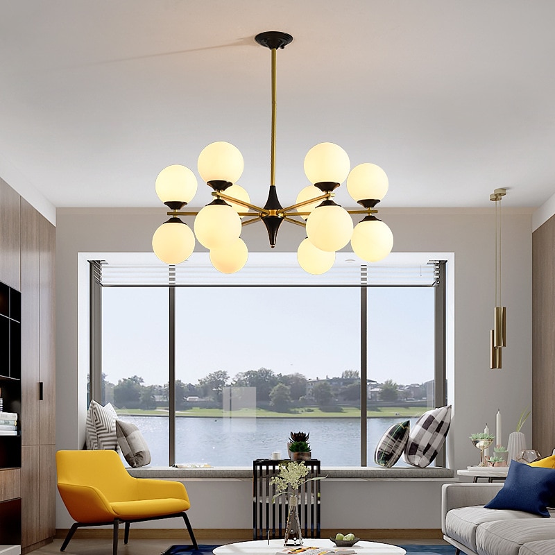 LED Chandeliers 6/8/10/12-Light Metal Sputnik Globle Chandelier, Vintage Gold Chrome Finish, Industrial During Light, Opaline Spherical Glass for Restaurant, Living Room, Gold Hega 10 Heads 110-240V2