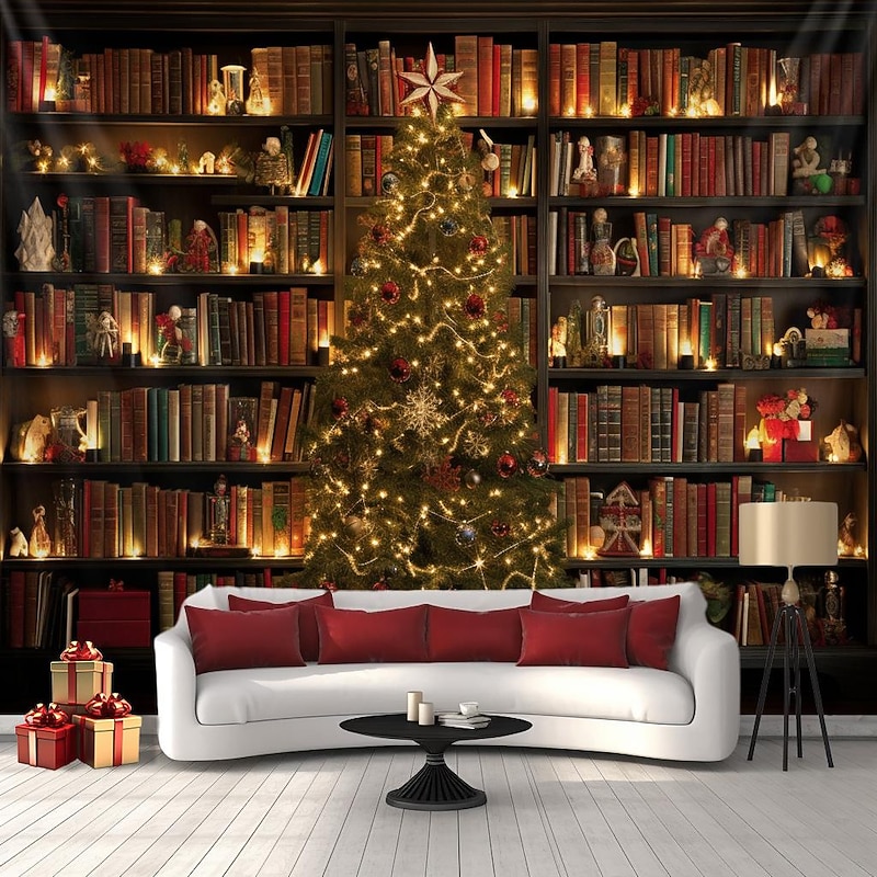 Christmas Decorations Tree Bookshelf Hanging Tapestry Wall Art Xmas Large Tapestry Mural Decor Photograph Backdrop Blanket Curtain Home Bedroom Living Room Decoration