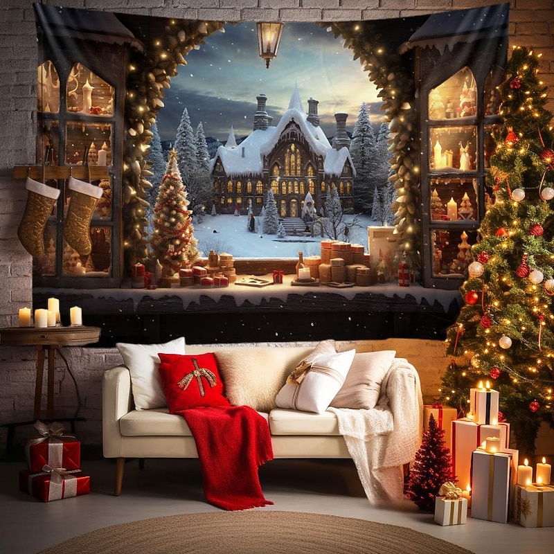 Christmas Decorations Snow White Winter Wonderland Hanging Tapestry Castle Wall Art Xmas Large Tapestry Mural Decor Photograph Backdrop Blanket Curtain Home Bedroom Living Room Decoration Window View4
