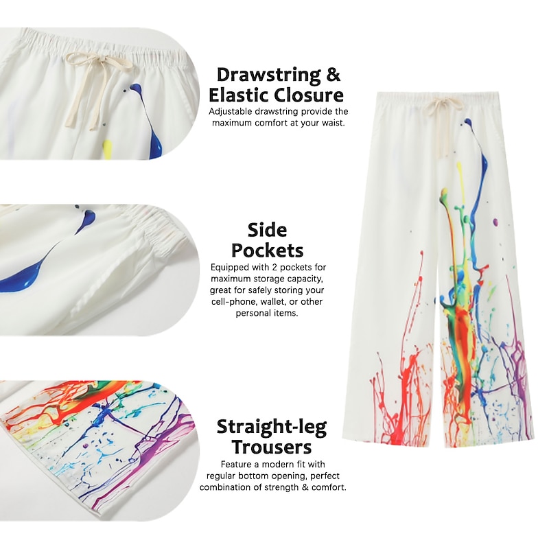 Men's Graphic Prints Graffiti Linen Pants Trousers Summer Pants Mid Waist Fashion Streetwear Casual Daily Drawstring Elastic Waist Front Pocket Spring & Summer 3D Print Light Khaki Black White2