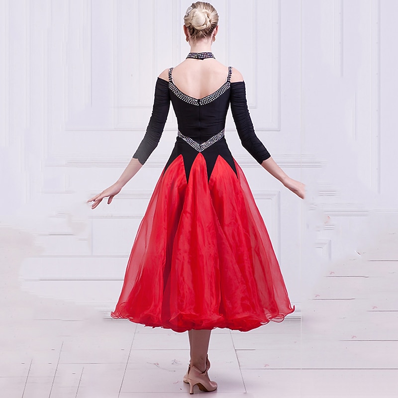 Ballroom Dance Dress Splicing Crystals / Rhinestones Women's Performance Party 3/4 Length Sleeve Mesh Spandex Organza2