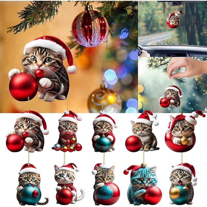 1pc Christmas 2D Acrylic Cat Hanging Decoration - Cute Cat Ornament for 2024 - New Year Festive Party Supplies - Ideal Winter Gift for Cat Lovers