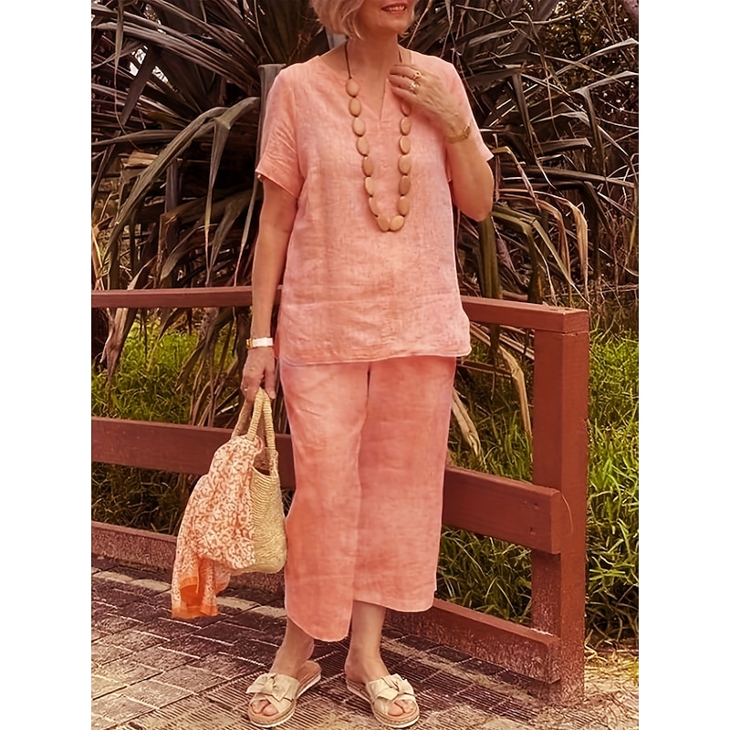 Women's Daily Linen-Inspired Sets Two Piece Sets Bolero Top Chinos Short Sleeve V Neck Solid Color Patchwork Daily Casual Daily Pink Dark Navy Royal Blue All Seasons Loose Fit