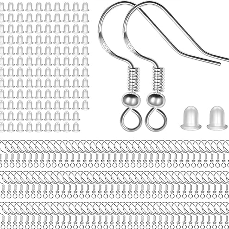 Sterling Silver Earring Hooks 100 PCS/50 Pairs Ear Wires Fish Hooks Hypo-allergenic Jewelry Findings Parts with 100 PCS Clear Silicone Earring Backs