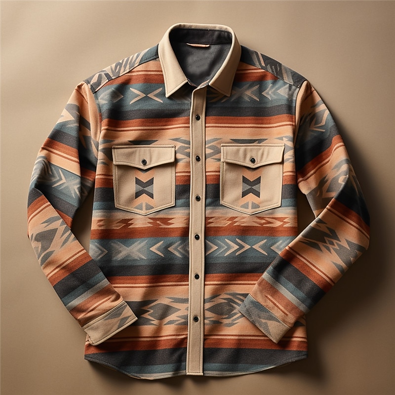 Men's Plaid Geometric Pattern Tribal Shirt Shirt Jacket Overshirt Long Sleeve Vintage Casual Outdoor Street Casual Daily Fall & Winter Turndown Buttons Pocket Print Blue Brown2