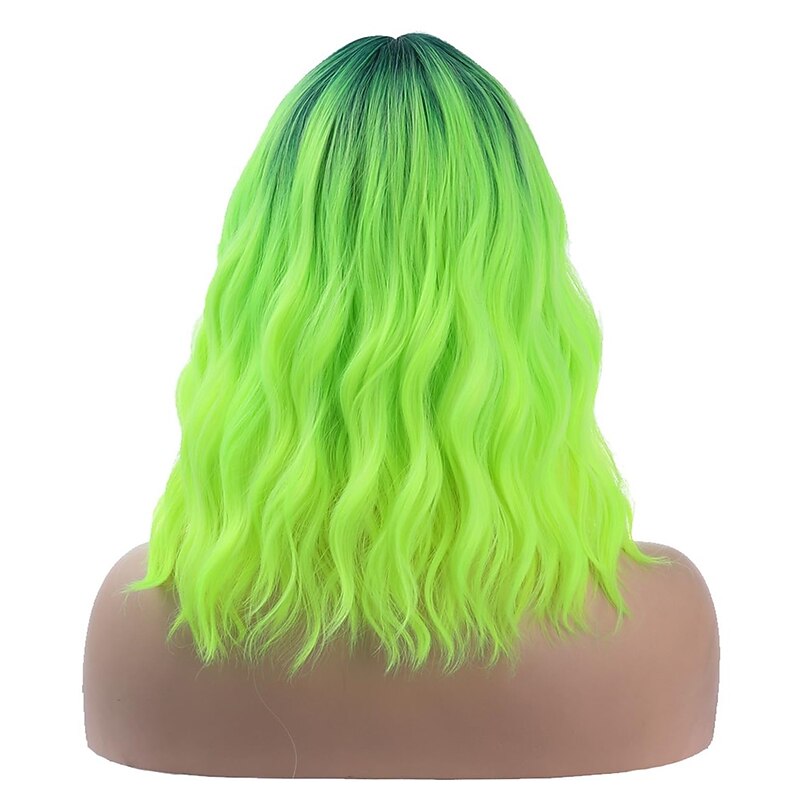 Ombre Green Wigs for Women 14 Inches Short Wavy Neon Green Wig With Bangs Fluorescent Green Short Wigs for Cosplay Party Daily Wigs Wig Cap Included Christmas Party Wigs St.Patrick's Day Wigs4