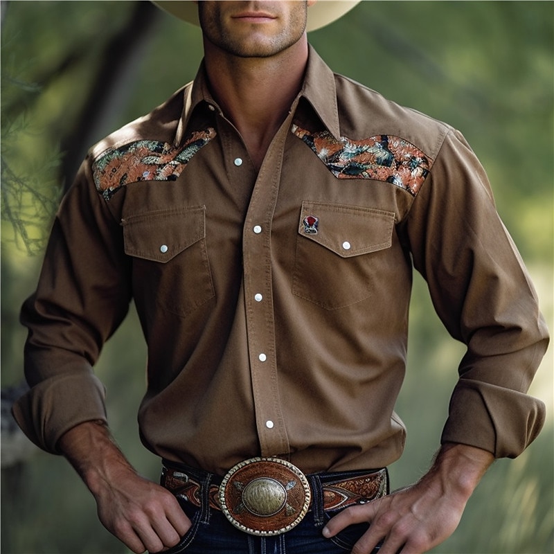 Men's Shirt Western Shirt Cowboy Shirt Long Sleeve Vintage Outdoor Street Casual Daily Fall & Winter Turndown Buttons Print Brown