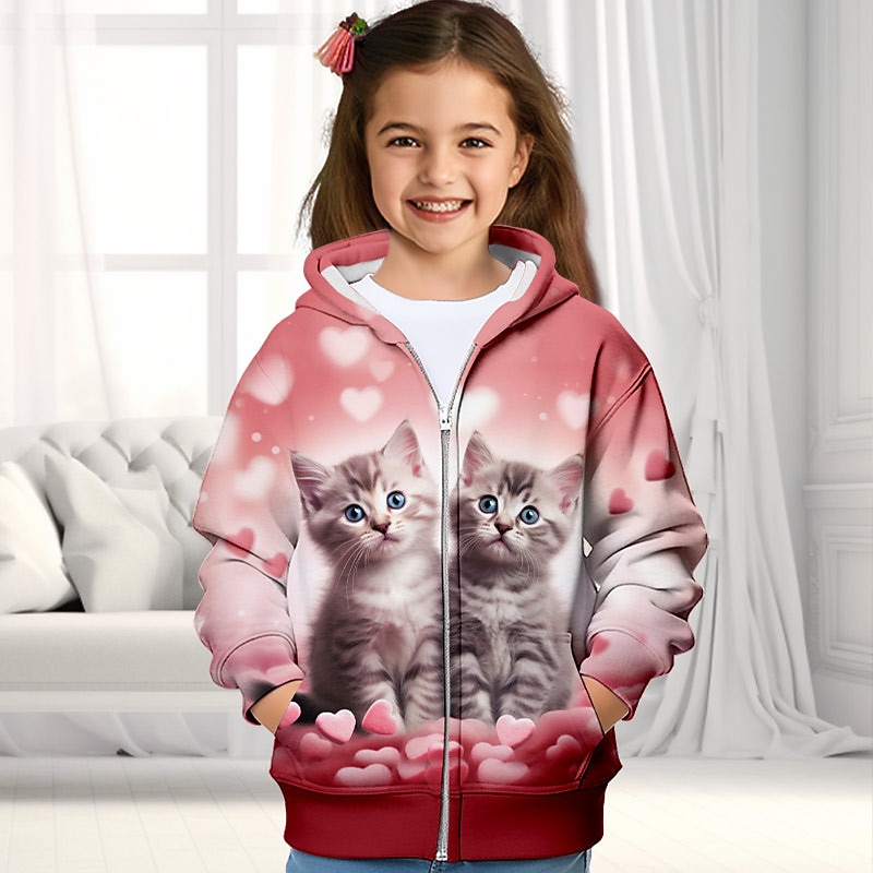 Girls' 3D Cat Hoodie Coat Outerwear Long Sleeve 3D Print Fall Winter Active Fashion Cute Kids 3-12 Years Outdoor Casual Daily Regular Fit4