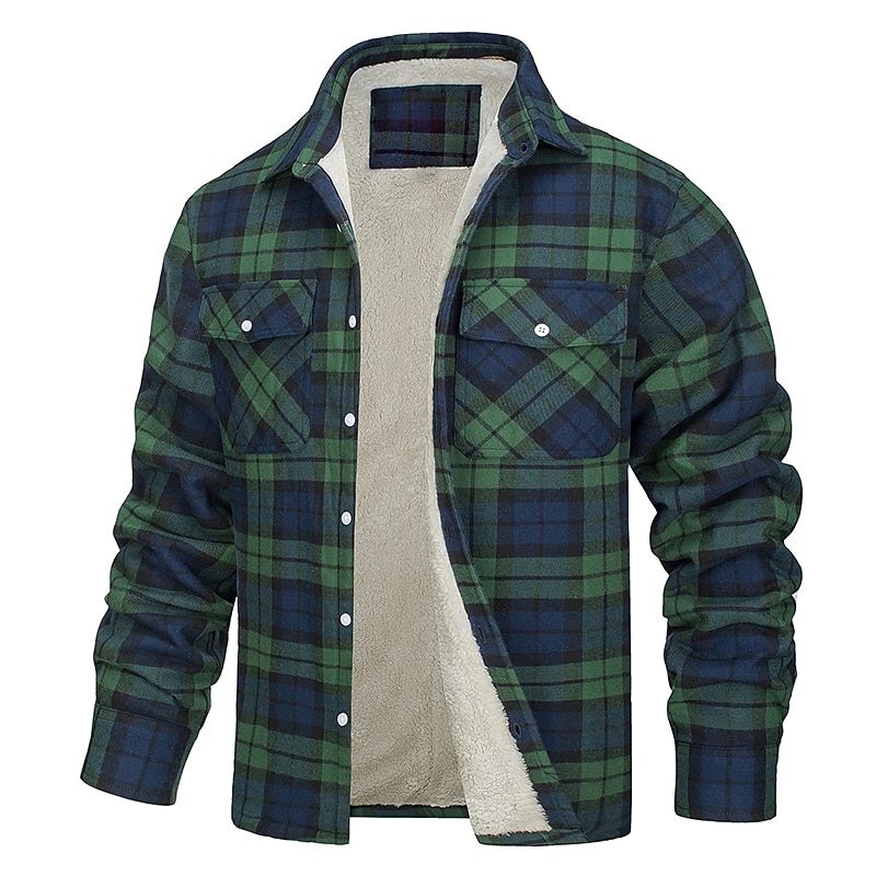 Men's Trucker Jacket Shirt Jacket Casual Jacket Shacket Outdoor Daily Wear Warm Fall Winter Plaid Fashion Streetwear Lapel Regular Black Wine Blue Orange Green Jacket4