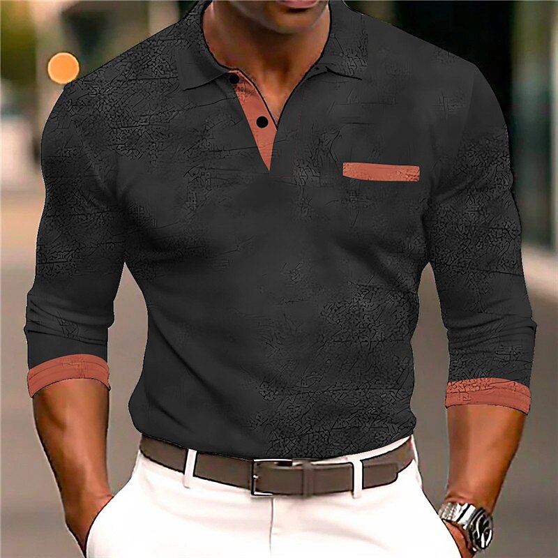 Men's Cable Knit Polo Golf Polos Shirts Long Sleeve Polo Shirts Turndown Vintage Casual Daily 3D Print Fall & Winter Black Red