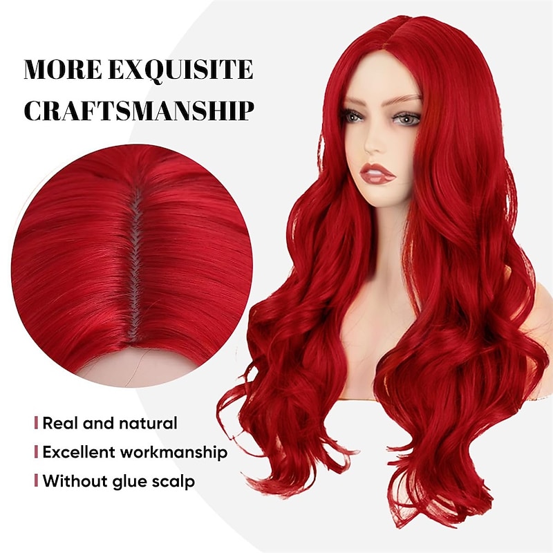 Red Wig for Women Long Wavy Curly Middle Part Wig Natural Looking Synthetic Heat Resistant Fiber Wig for Daily Party Use 26 Inch Christmas Party Wigs2