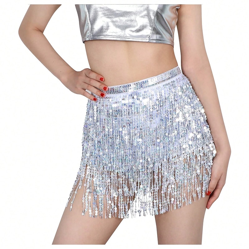 Women Sequin Hip Skirt Fringe Tassel Wrap Scarf Party Rave Festival Outfit Halloween Belly Dance Costume Party Club