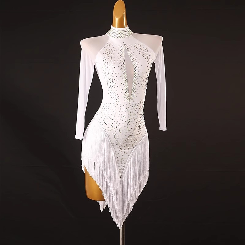 Dance Salsa Latin Dance Dress Tassel Pure Color Splicing Women's Performance Training Long Sleeve Chinlon Mesh Spandex4