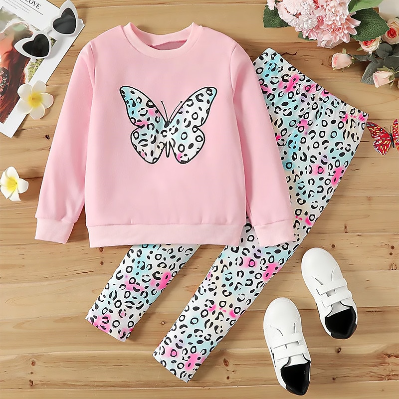 Girls' 3D Leopard Butterfly Sweatshirt & Legging Set Set Pink Long Sleeve 3D Print Fall Winter Active Fashion Daily Kids 3-12 Years Crew Neck Outdoor Vacation Date Regular Fit2