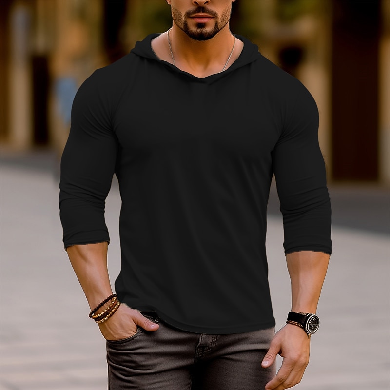 Men's Hoodies Tee Top Long Sleeve Shirt Long Sleeve Plain Fashion Designer Basic Hooded Hooded Vacation Street Going out Summer Black White Khaki Henley T-Shirt2