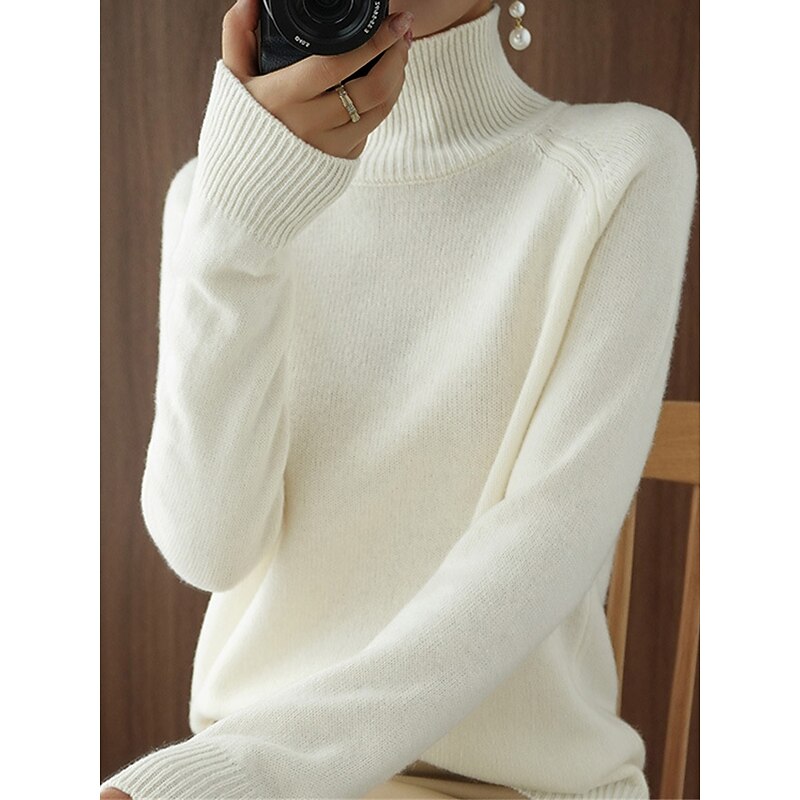 Women's Pullover Sweater Jumper Fashion Streetwear Casual Solid Color Ribbed Stand Collar Knitted Long Sleeve Regular Tops Knit Outdoor Daily Holiday Black White Fall Winter2