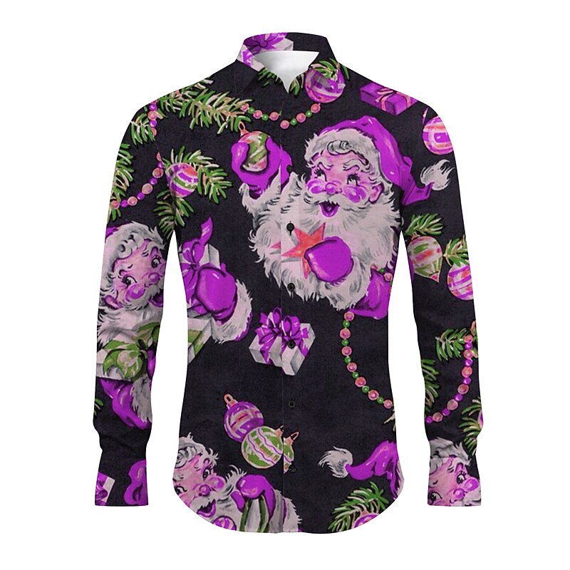 Christmas Men's Santa Claus Printed Shirts Santa Claus Casual Long Sleeve Daily Wear Going out Fall & Winter Turndown Print Button-Down Yellow Red Purple Green 4-Way Stretch Fabric3