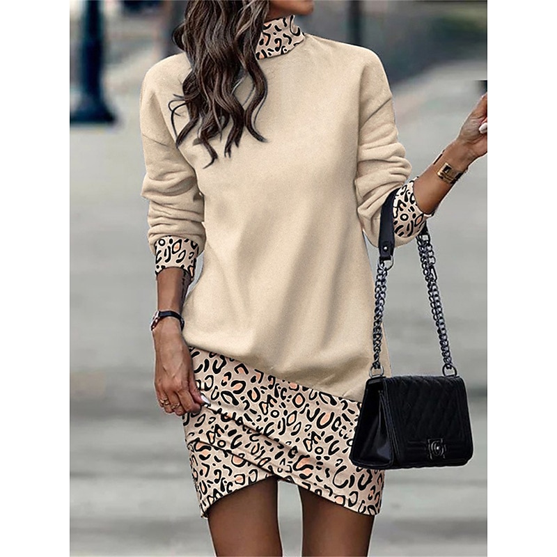 Women's Black Dress Work Dress Casual Dress Sheath Dress Fashion Winter Dress Daily Mini Dress Print Stand Collar Long Sleeve Leopard Floral Loose Fit Black White Yellow Fall Winter XXL4