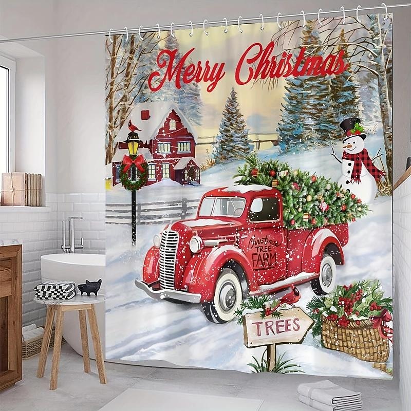 Christmas Car Snowman Pattern Shower Curtain, Shower Curtain With 12 Hooks, Bathroom Rug, Toilet U-Shape Mat, Toilet Lid Cover Pad, Bathroom Decor, Christmas Decorations2