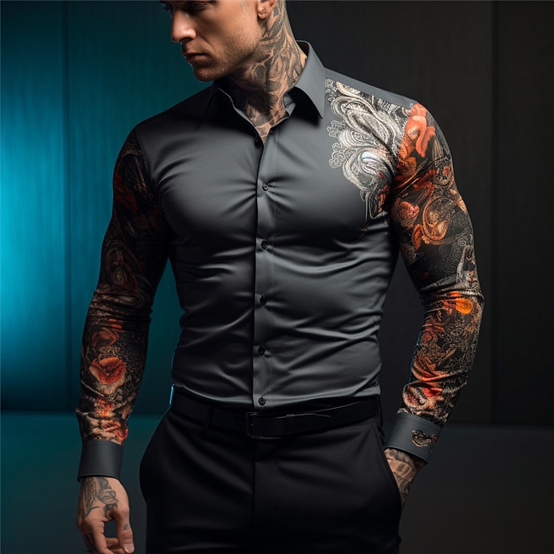 Men's Shirt Button Up Shirt Long Sleeve Casual Outdoor Street Casual Daily Fall & Winter Turndown Buttons Print Black Blue Dark Blue Gray2