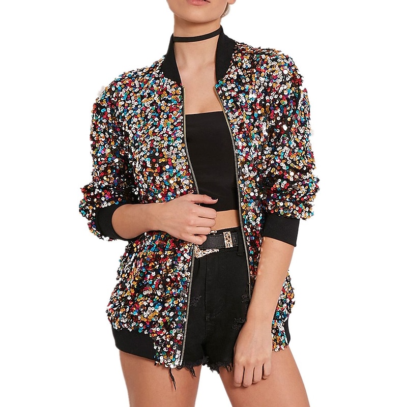 Women's Sequin Fitted Long Sleeve Zipper Blazer Bomber Jacket Retro Vintage Disco 1980s TS Style