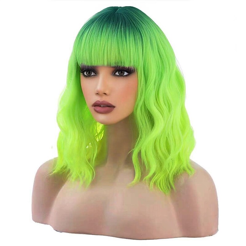 Ombre Green Wigs for Women 14 Inches Short Wavy Neon Green Wig With Bangs Fluorescent Green Short Wigs for Cosplay Party Daily Wigs Wig Cap Included Christmas Party Wigs St.Patrick's Day Wigs2