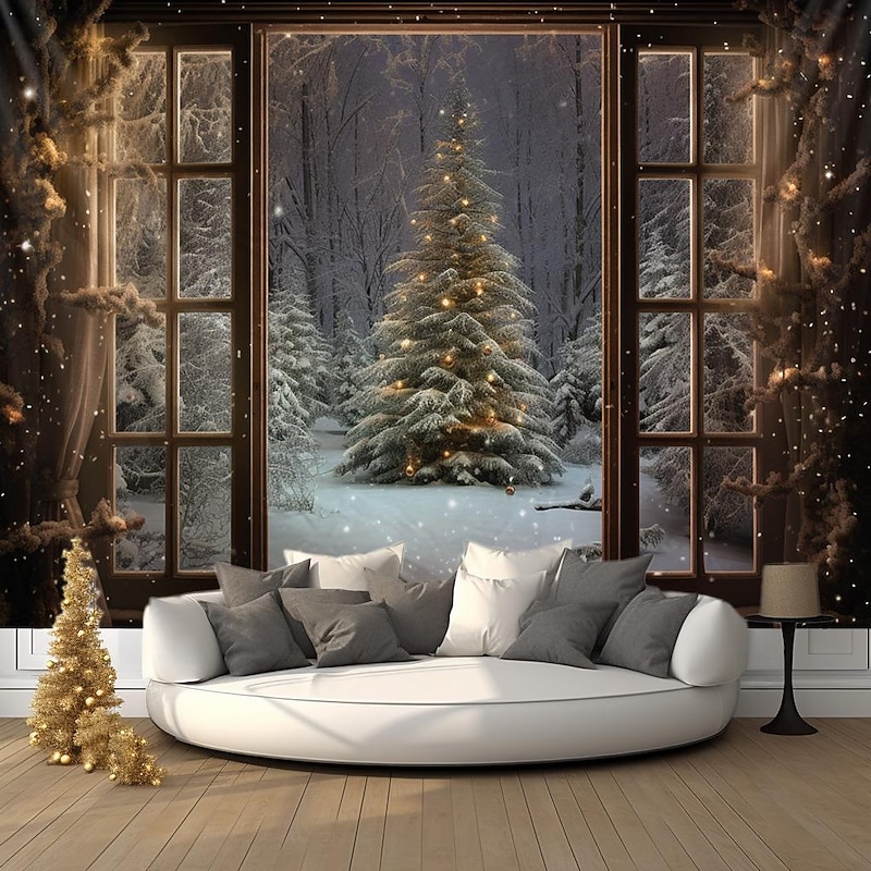 Christmas Decorations Christmas Tree Winter Hanging Tapestry Wall Art Xmas Large Tapestry Mural Decor Photograph Backdrop Blanket Curtain Home Bedroom Living Room Decoration Snow Window View2