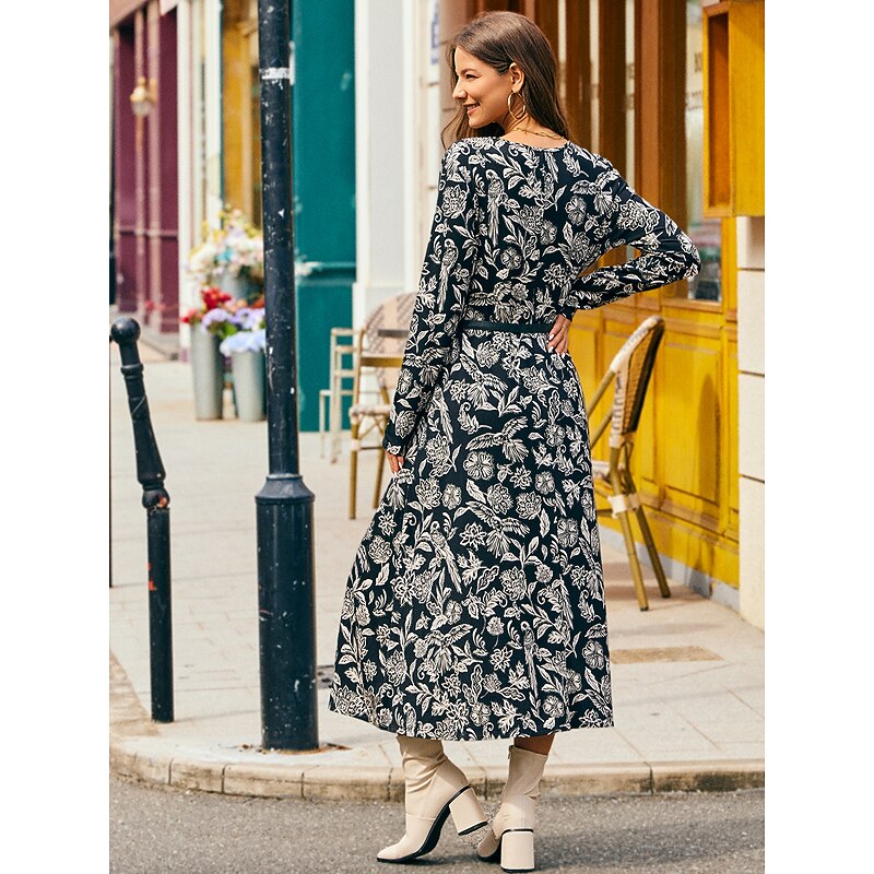 Floral Print V Neck Swing Midi Dress2