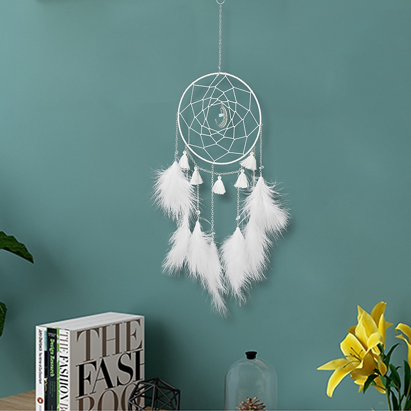 1pc Dream Catcher Handmade Gift Feather Hook Moon Pattern Wind Chime with One Circles Ornament Wall Hanging Decor Art Boho Style Without Light