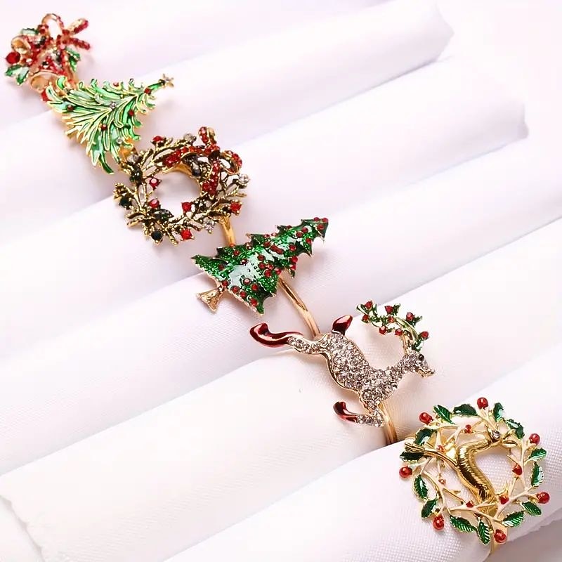6pcs/set Christmas Napkin Rings, Golden Napkin Rings, For Christmas Decoration Ornaments, Holiday Napkin Holders For Dining, Anniversary, Birthday, Easter, Fall, Halloween, Thanksgiving,