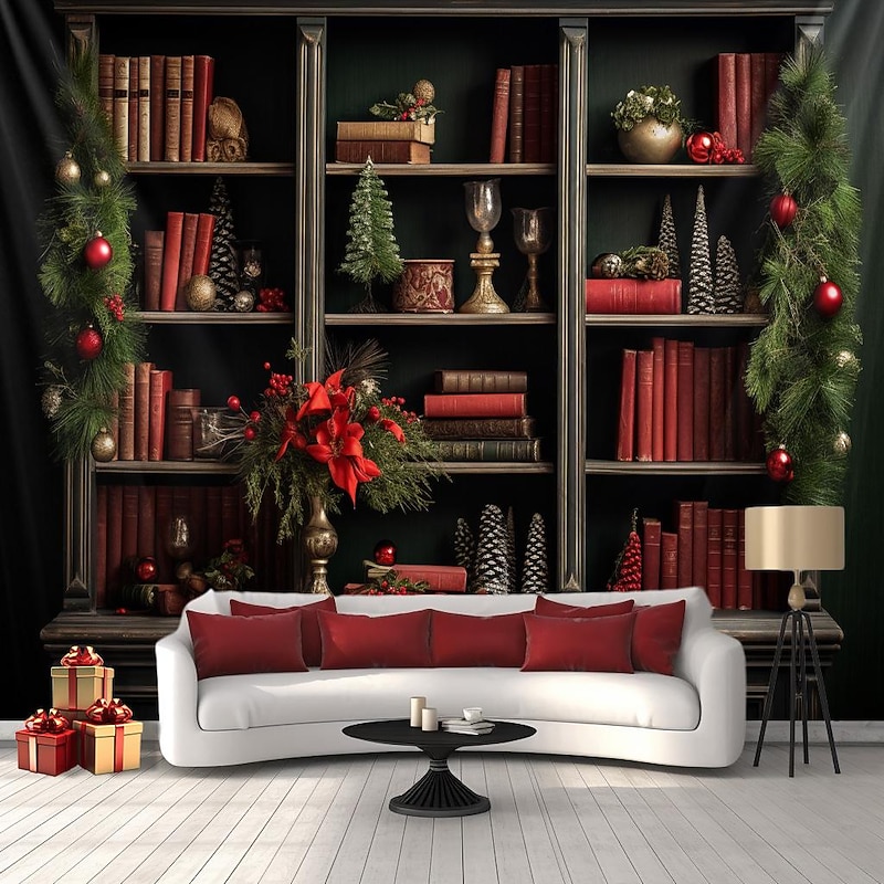 Christmas Decorations Tree Bookshelf Hanging Tapestry Wall Art Xmas Large Tapestry Mural Decor Photograph Backdrop Blanket Curtain Home Bedroom Living Room Decoration4