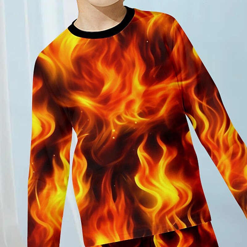 Boys 3D Fire Pajama Sets Long Sleeve 3D Print Fall Winter Active Cool Daily Kids 4 years+ Crew Neck Home Causal Indoor Regular Fit4