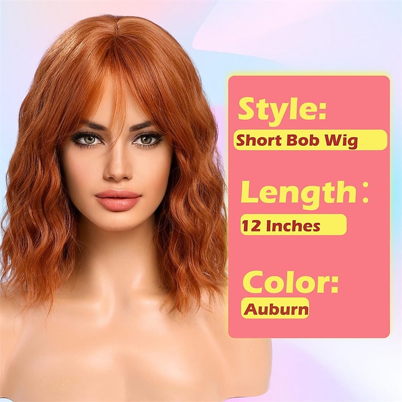 Auburn Bob Wigs for Women Synthetic Wavy Curly Hair Wig with Bangs for Daily Use Christmas Party Wigs2