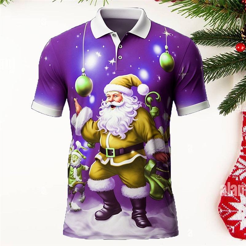 Christmas Men's Santa Claus 3D Polo Santa Claus Casual Print 3D Golf Outdoor Daily Wear Streetwear Polyester Short Sleeve Turndown Shirts Blue Purple Autumn / Fall S M L Lapel Polo2