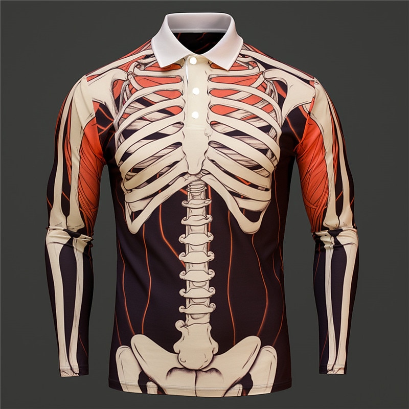 Halloween Men's Skeleton Long Sleeve Polo Shirts Turndown Abstract Outdoor Casual Daily Streetwear 3D Print Fall & Winter Black Red Khaki4