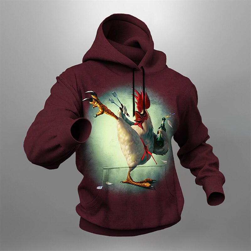 Men's Graphic Rooster Hoodie Hoodies Sweatshirt Fashion Daily Long Sleeve Hooded Vacation Sports Outdoor Holiday Black Red Print Front Pocket Spring &  Fall Designer3