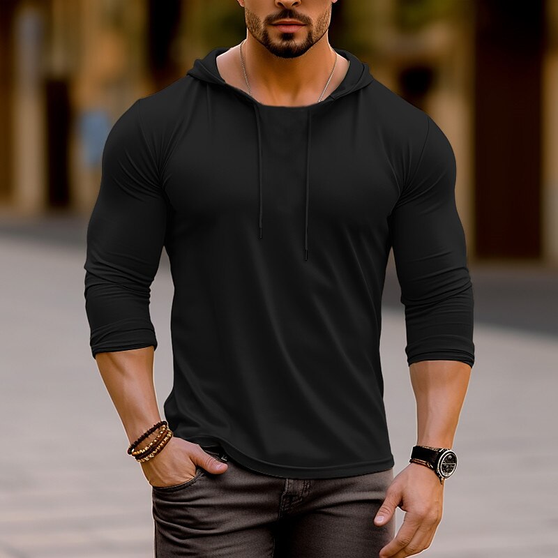 Men's Hoodies Tee Top Long Sleeve Shirt Long Sleeve Plain Fashion Designer Basic Hooded Hooded Vacation Street Going out Summer Black White Khaki Henley T-Shirt4