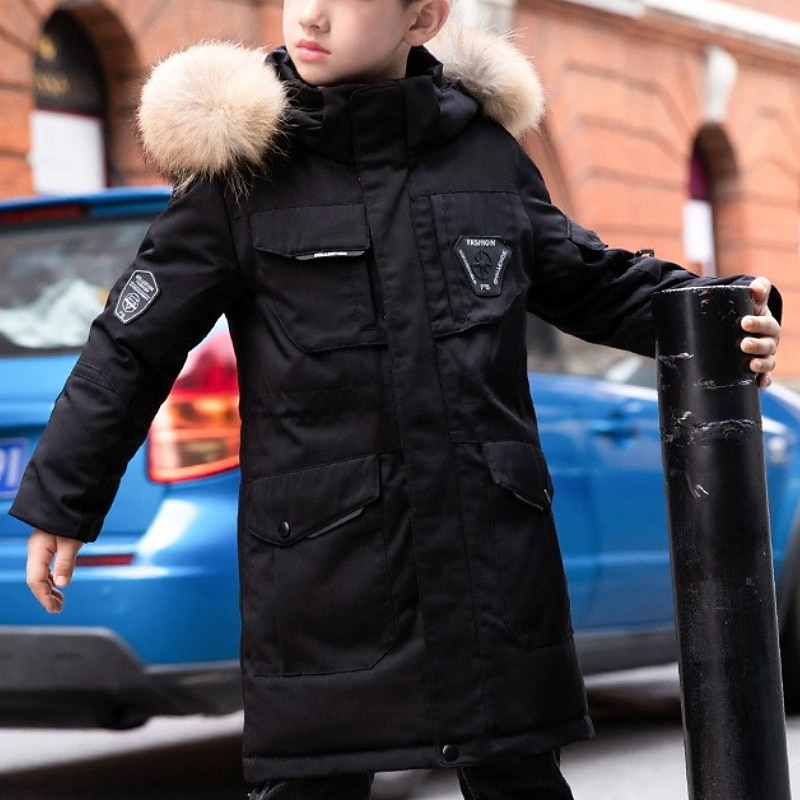 Kids Boys' Down Coat Puffer Jacket Outerwear Kids Puffer Jacket Solid Color Long Sleeve Pocket Buttons Coat Outdoor Cool Daily Black Winter 7-13 Years3